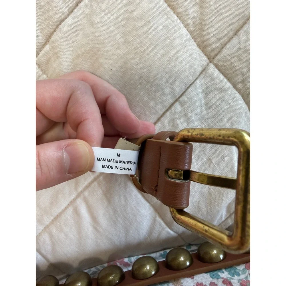 Brown Double Wrap Belt M Brass Dome Studded Faux Leather Boho Western Y2K Womens